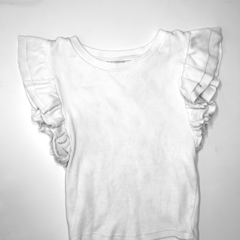 Zara White Short Sleeve Tee with Ruffled Details